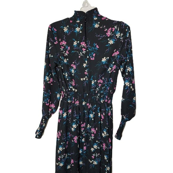 Nanette Lepore Floral Midi Dress | Size 4 | Black Hi-Low Hem | Smocked Waist/Cuf - Picture 4 of 10